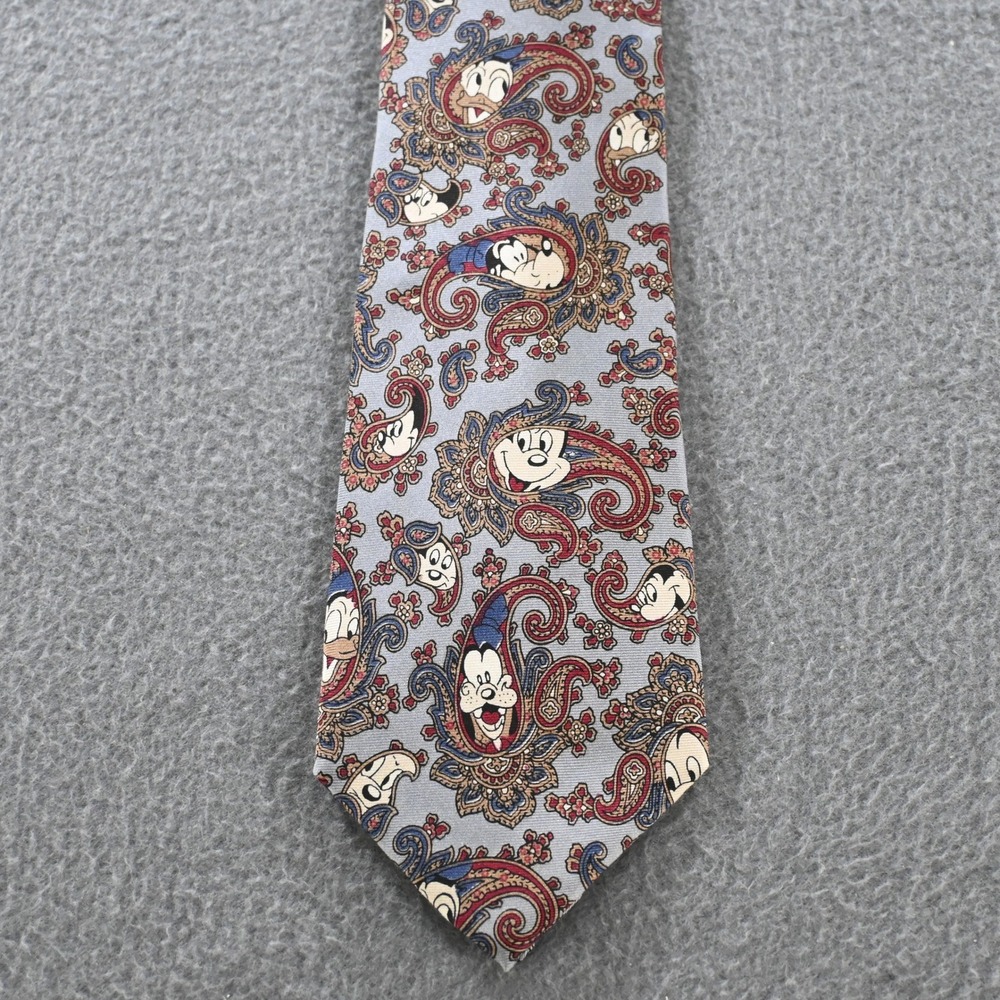 Balancine Disney Vintage 90s Mickey Donald Paisley Silk Necktie OS Gray